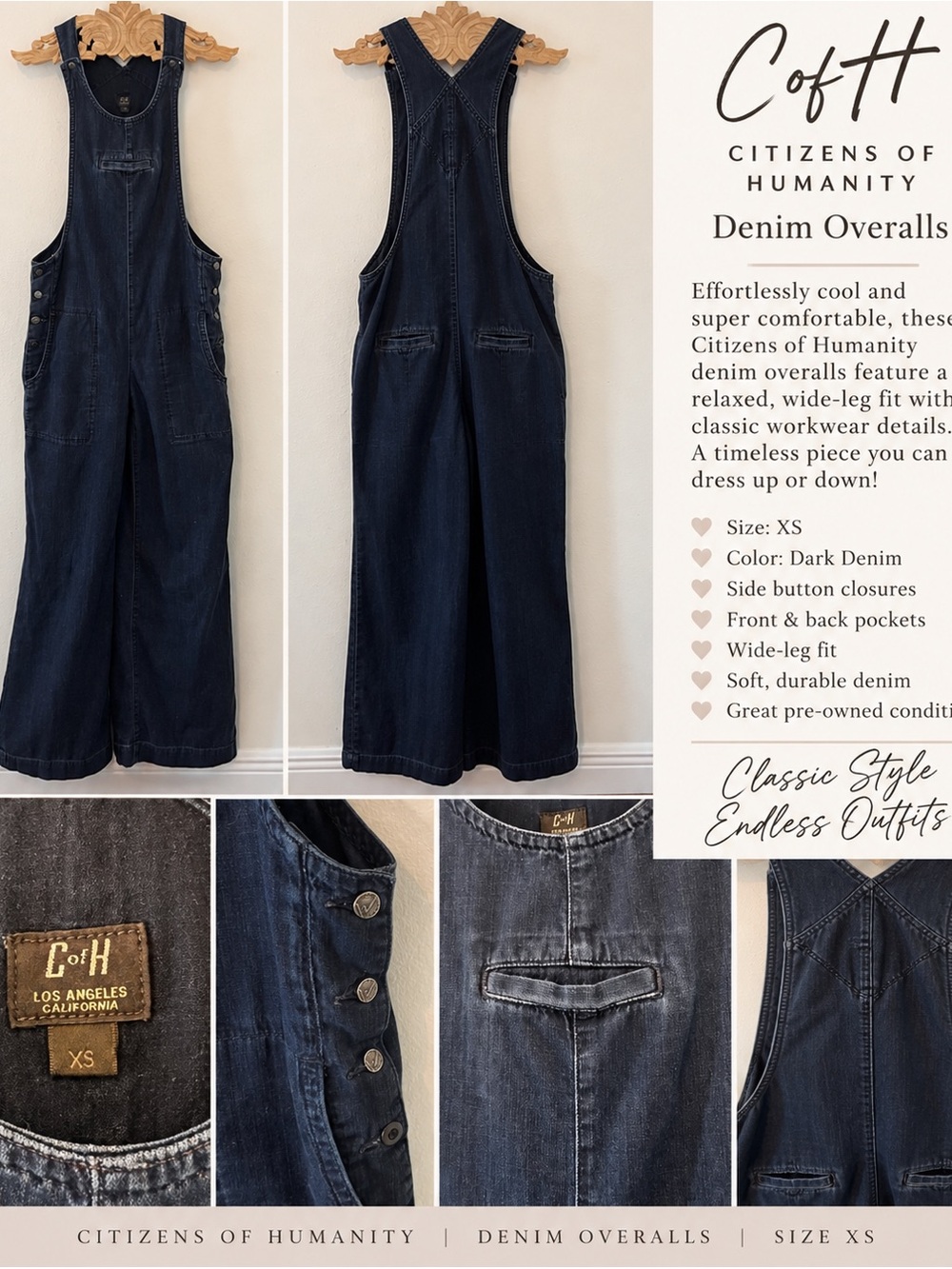 Citizens of Humanity Denim Overalls Wide Leg Dark Indigo XS